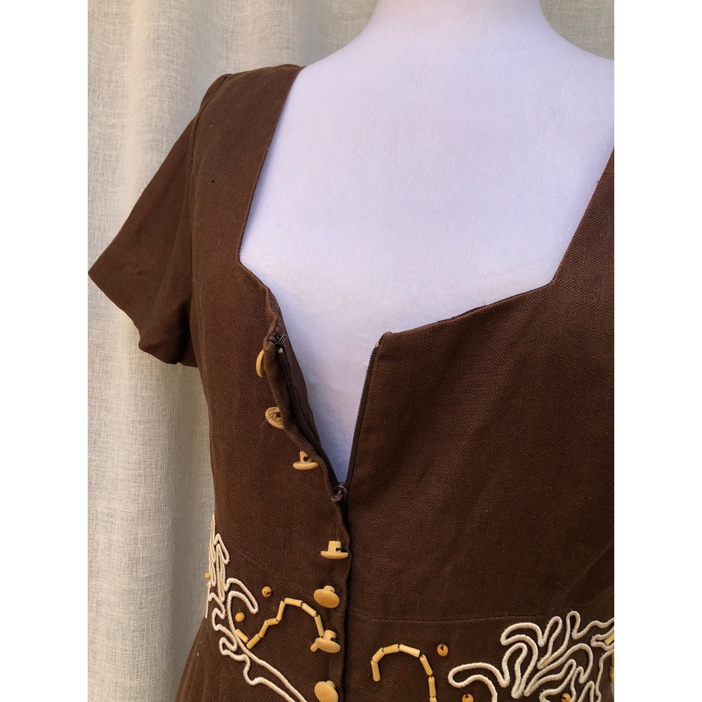 Donna Morgan chocolate brown short sleeve linen dress beaded waist embroidery - Picture 7 of 10